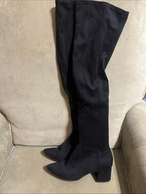 Women's Black Over-the-Knee Block Heel Boots - Sleek Stretch Suede